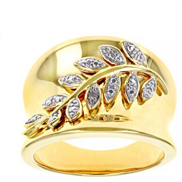 JTV Jewelry - Emulous Polished Leaf Ring 14K Over Brass Diamond Accent Wide Band Polish Size 6